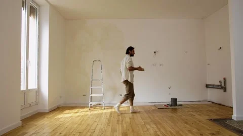 Chalky Limewashed Paint In The Wall Of An Empty Room. Wide Shot Stock Footage 273368659