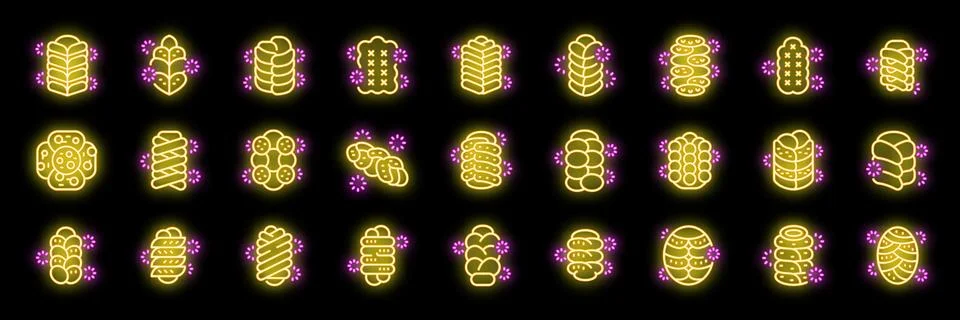 Challah bread icons set. Baking neon signs collection. Bakery shop glowing sy 스톡 일러스트