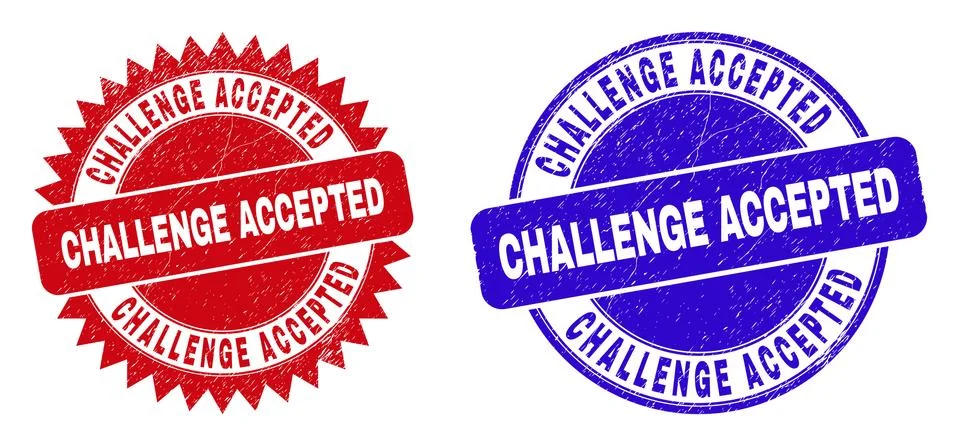 CHALLENGE ACCEPTED Round and Rosette Seals with Grunge Texture Stock Illustration