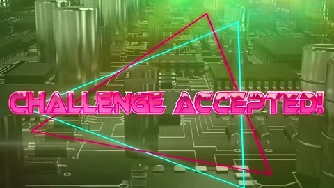 Challenge accepted text on neon triangles over close up of microprocessor Video stock 158414119