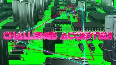 Challenge accepted text on neon triangles over close up of microprocessor Stock Footage 158414497