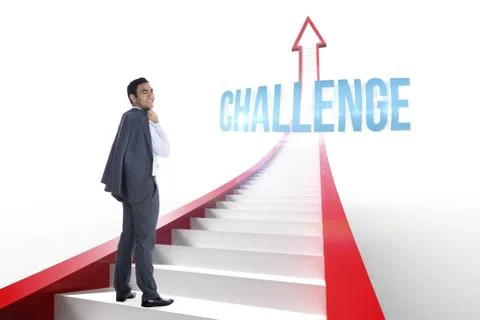 Challenge against red arrow with steps graphic Stock Illustration