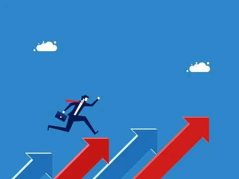 Challenge concept. Development, progress. Businessman running on the arrow .. Ilustración de archivo