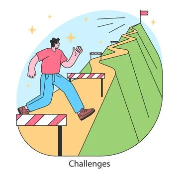 Challenges concept. Man ascends a steep path, overcoming hurdles towards Stockillustratie