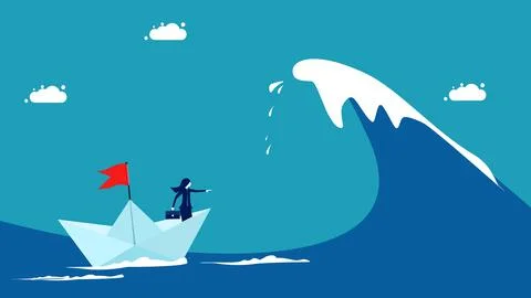 Challenging ideas or taking risks. businesswoman captain sailing to survive a Stock Illustration