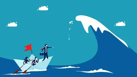 Challenging ideas or taking risks. businessman captain sailing to survive a b Stock Illustration