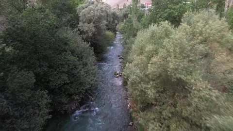 Chalus Road river channel flows straight between leafy trees, showing moving Stock Footage 343907224