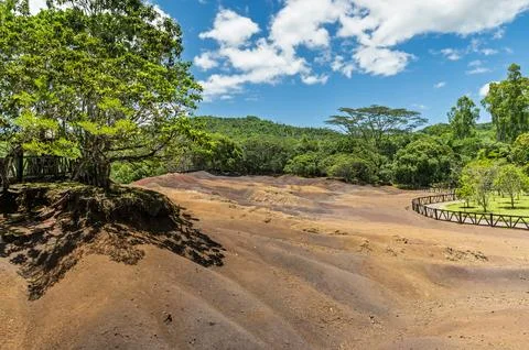 Chamarel Black River Mauritius multicolor clay dunes and green jungle scenery Stock Photos