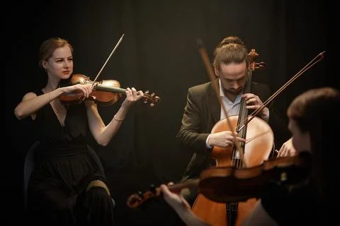 Chamber Ensemble In Elegant Clothes Performing in Studio Stock Photos