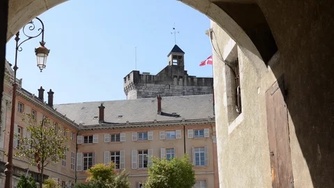 Chambery, Savoy flag floating on top of the castle Stock Footage 80237191