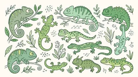 Chameleon and lizard hand drawn illustration in green tones for pattern desig イラスト素材