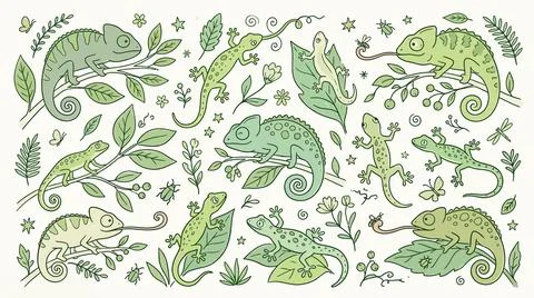 Chameleon and lizard set with green leaves for tropical nature design decor.. Stock Illustration