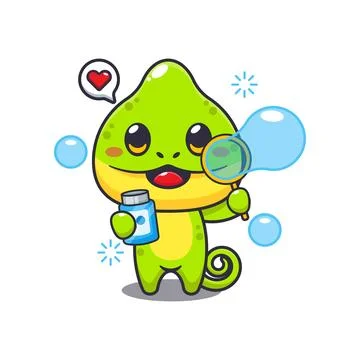Chameleon blowing bubbles cartoon vector illustration Stock Illustration