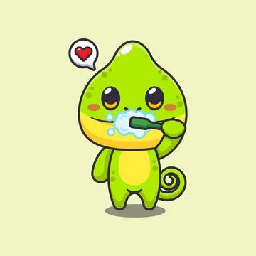 Chameleon brushing teeth cartoon vector illustration Stock Illustration