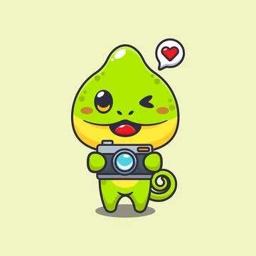 Chameleon with camera cartoon vector illustration. Stock Illustration