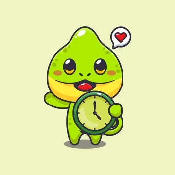 Chameleon with clock cartoon vector illustration. Stock Illustration