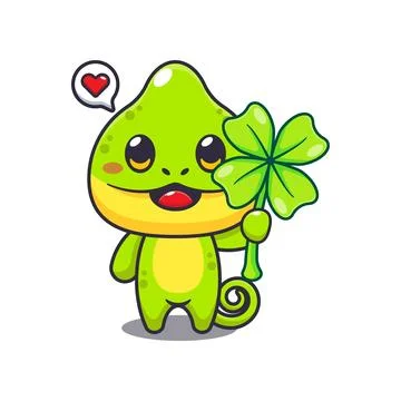 Chameleon with clover leaf cartoon vector illustration Stock Illustration