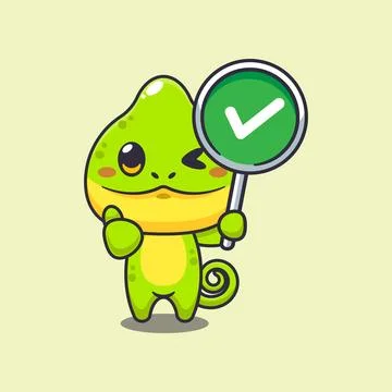 Chameleon with correct sign cartoon vector illustration. Stock Illustration