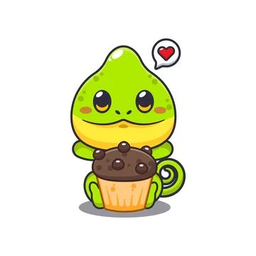 Chameleon with cup cake cartoon vector illustration Stock Illustration