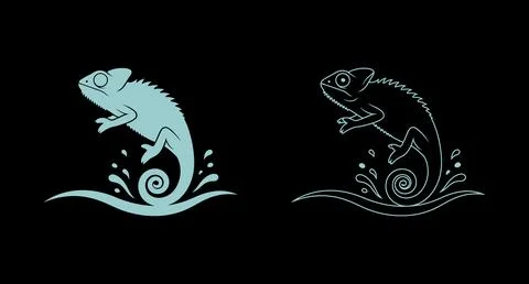 Chameleon icon showing solid blue silhouette and outline with water splash Illustrazione stock