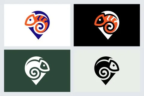 Chameleon Logo Design with Map Pin Shape Icon Stock Illustration