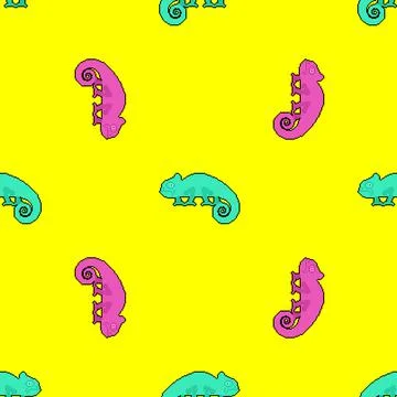 Chameleon pixel art pattern seamless. 8 bit cartoon Reptile background. pixel Stock Illustration
