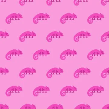 Chameleon pixel art pattern seamless. 8 bit cartoon Reptile background. pixel Illustrazione stock