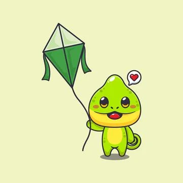Chameleon playing kite cartoon vector illustration Stock Illustration