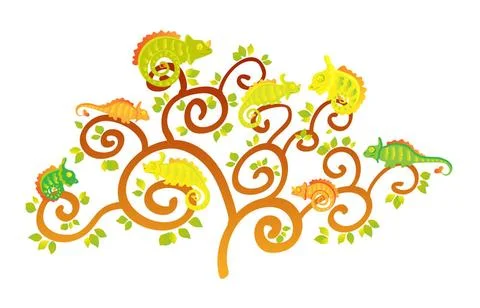 Chameleon tree vector Cute Cartoon Chameleons on tree. Art vector illustra... Stock Photos