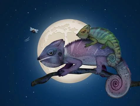 Chameleons on the branch in the moonlight Stock Illustration