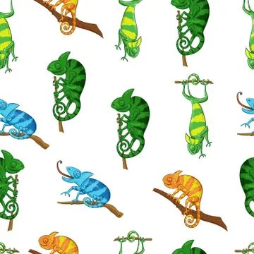 Chameleons seamless pattern in different poses color illustrations Stock Illustration