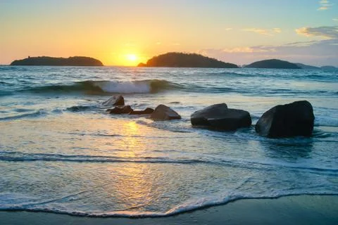 Chametla beach sunset view on the background and rocks formation Stock Photos