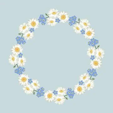 Chamomile and forget-me-not flowers pattern on black background Stock Illustration