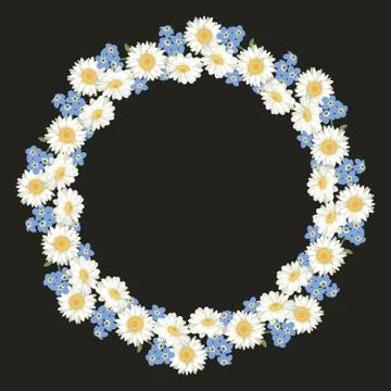 Chamomile and forget me-not-flowers pattern on black background Stock Illustration