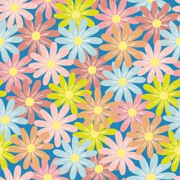 Chamomile daisy flower colorful pattern. Seamless vector doodle elements. Blo Stock Illustration