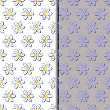 Chamomile floral seamless 2 patterns. Doodle cartoon graphic daisy flowers. Cute Stock Illustration