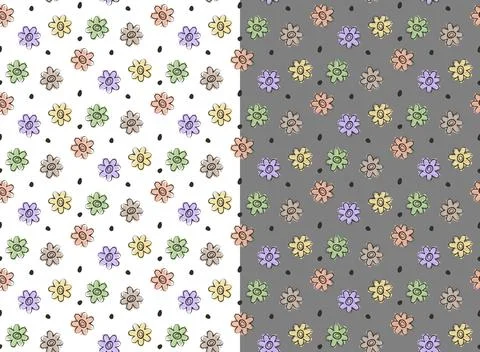 Chamomile floral seamless pattern. Doodle cartoon graphic daisy flowers. Cute Stock Illustration
