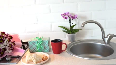 Chamomile flowers, breakfast on a white kitchen cozy home rustic decor Stock Footage 149129834