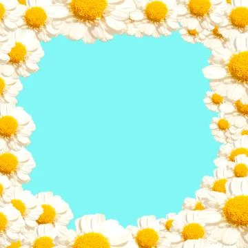 Chamomile flowers frame on the light blue background. Stock Photos