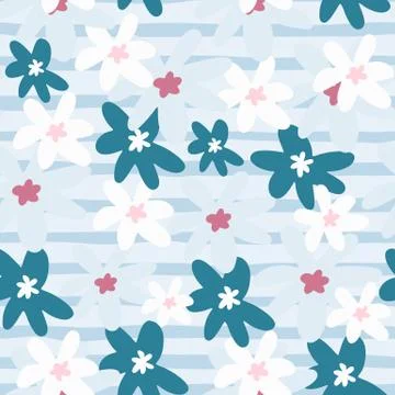 Chamomile flowers seamless doodle pattern. Pastel blue background with strips Stock Illustration
