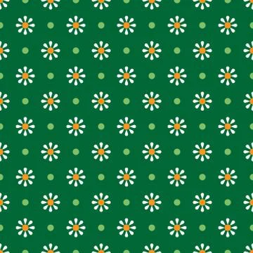 Chamomile geometric seamless pattern. Isolated daisy on green background, abs Stock Illustration