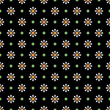 Chamomile geometric seamless pattern. Isolated daisy on black background, abs イラスト素材