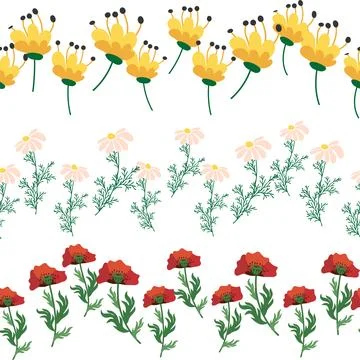 Chamomile horizontal border seamless pattern. Floral seamless border Illustrazione stock