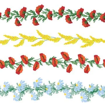 Chamomile horizontal border seamless pattern. Floral seamless border Illustrazione stock