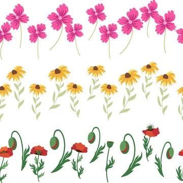 Chamomile horizontal border seamless pattern. Floral seamless border 스톡 일러스트