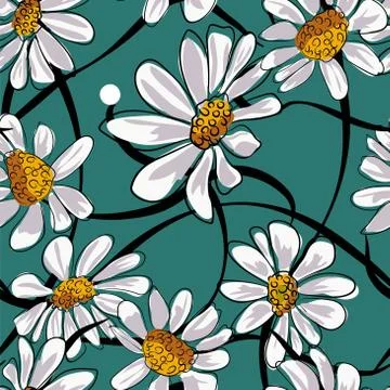 Chamomile seamless pattern. Illustration on green background. Stock Illustration