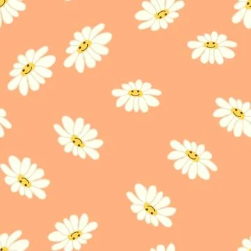 Chamomile smile 1970 pattern. Groovy daisy retro seamless pattern. Positive c Stock Illustration