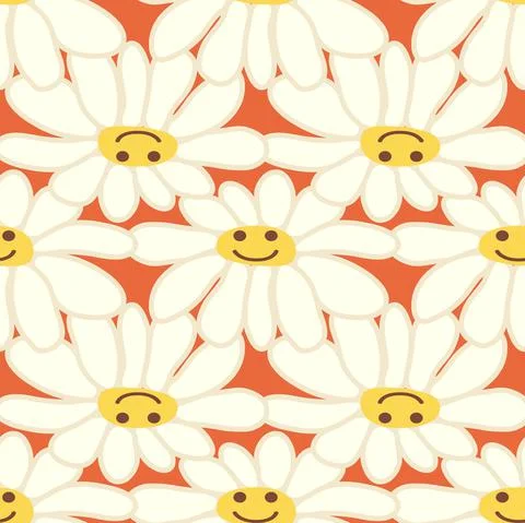 Chamomile smile 1970 pattern. Groovy daisy retro seamless pattern. Positive c Stock Illustration