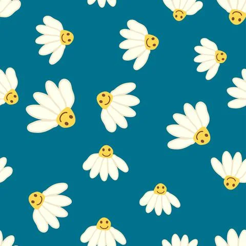 Chamomile smile 1970 pattern. Groovy daisy retro seamless pattern Stock Illustration