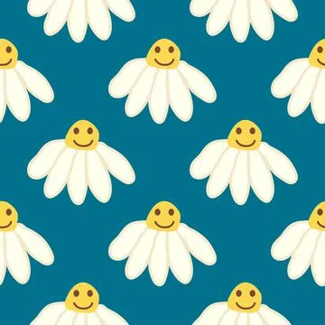 Chamomile smile 1970 pattern. Groovy daisy retro seamless pattern Stock Illustration